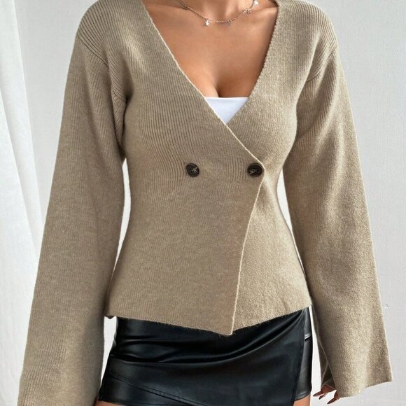 Tan Casual Women's Waist Slim Fit Double Button Placket knit Cardigan - Picture 5 of 7